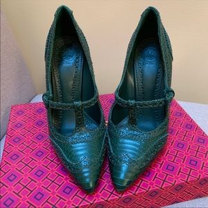 Tory Burch green python Everly pumps